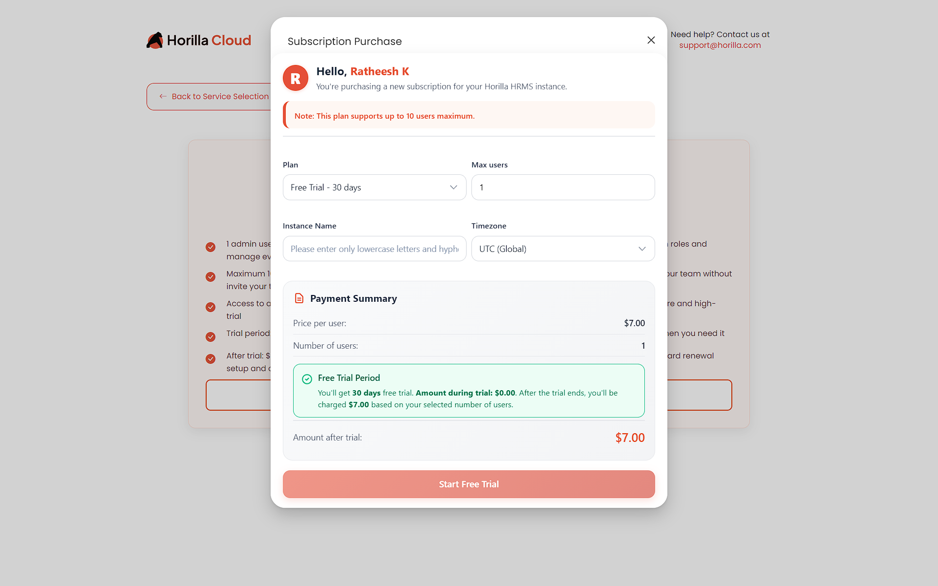 Create Instance & Start Free Trial