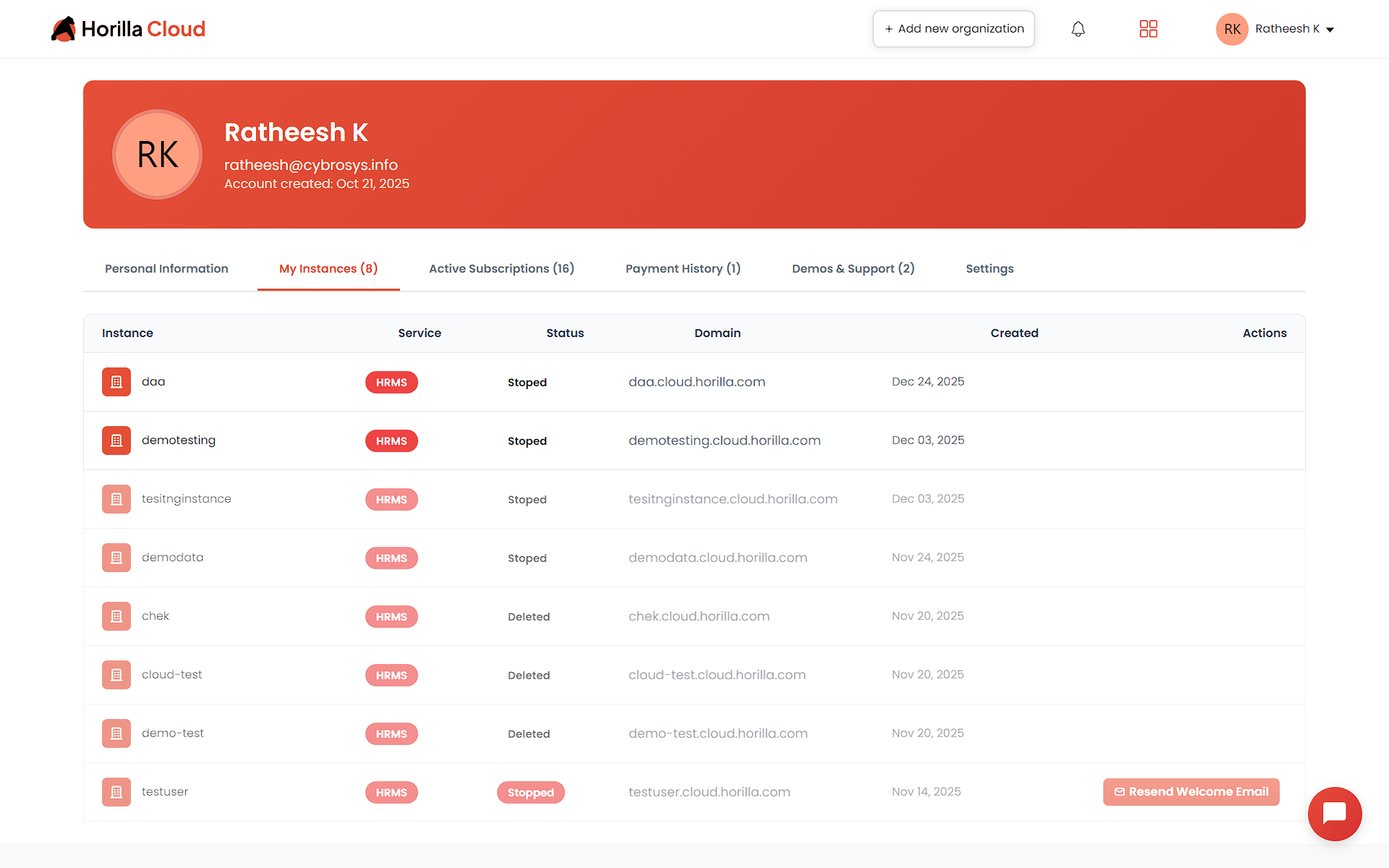 Horilla Cloud Instance Management Dashboard